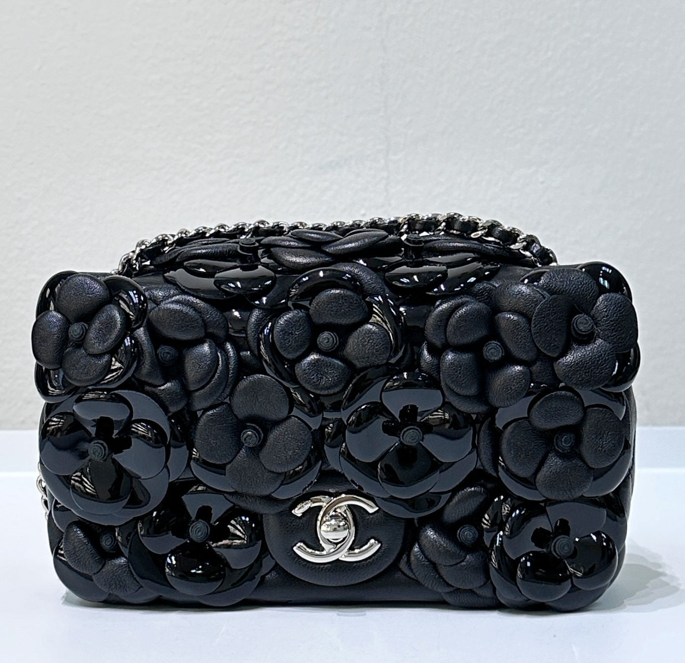 Chanel Limited Edition Black Camellia Mini Flap Bag. Jemeryluxury