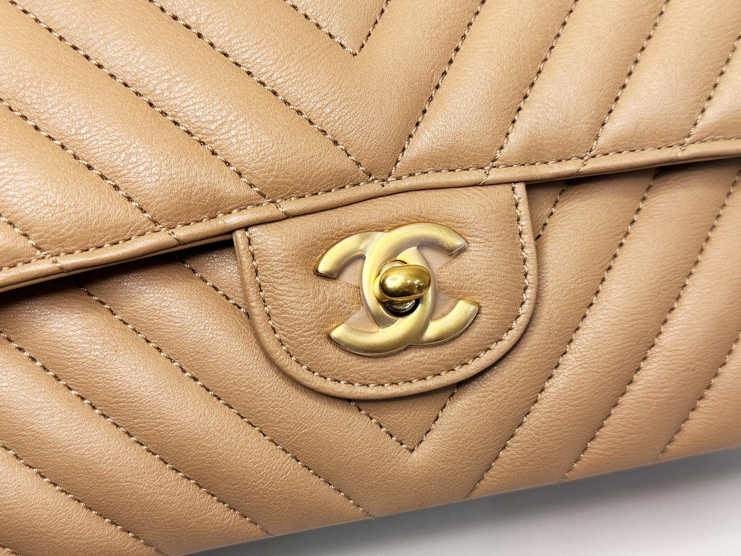 Chanel Calfskin Chevron Quilted Medium Double Flap Beige 2383 holo card