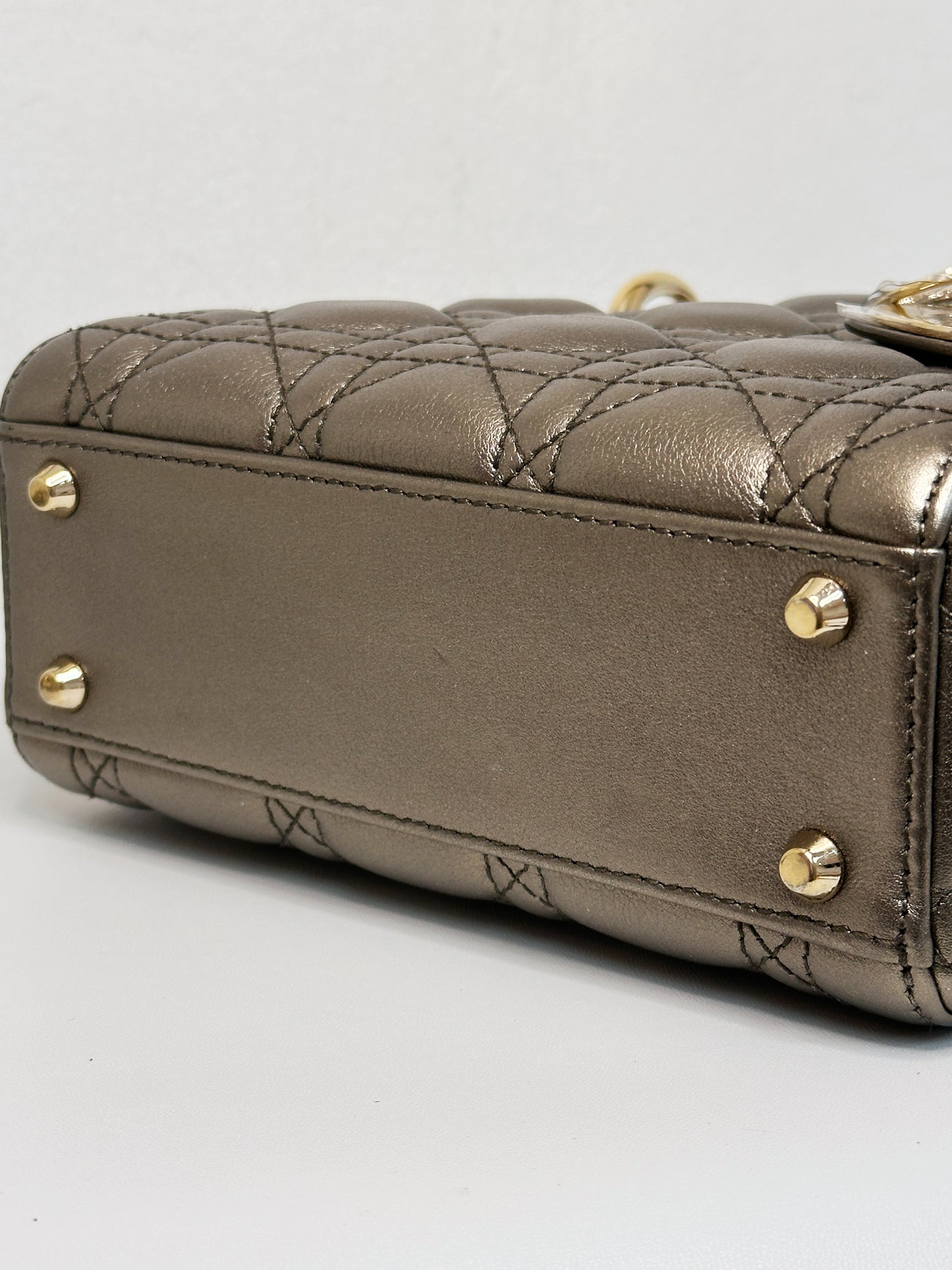 CHRISTIAN DIOR LADY MINI CALFSKIN CANNAGE BRONZE METALLIC GOLDEN HARDWARE CHAIN STRAP
