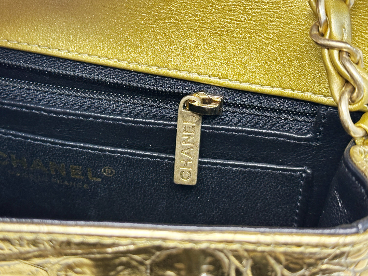 Chanel Mini Calfskin Crocodile Embossed Rectangular Gold Metallic Flap Bag 2813 holo card