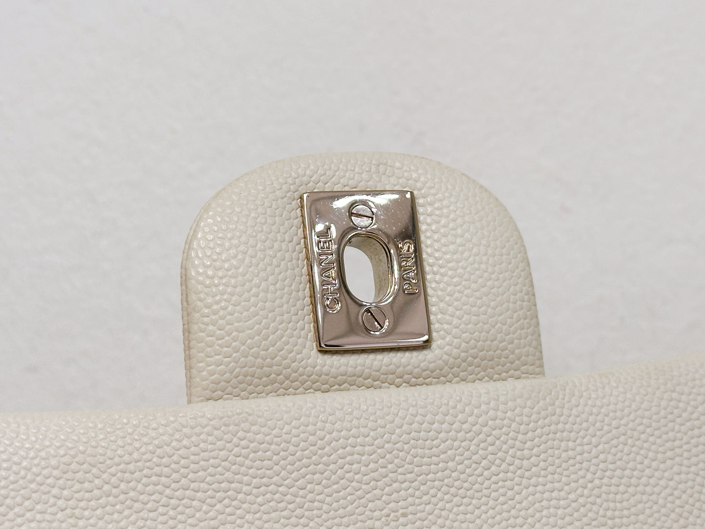 Chanel Medium Caviar Classic Quilted Double Flap White Light Beige Bag LGHW L45J microchip
