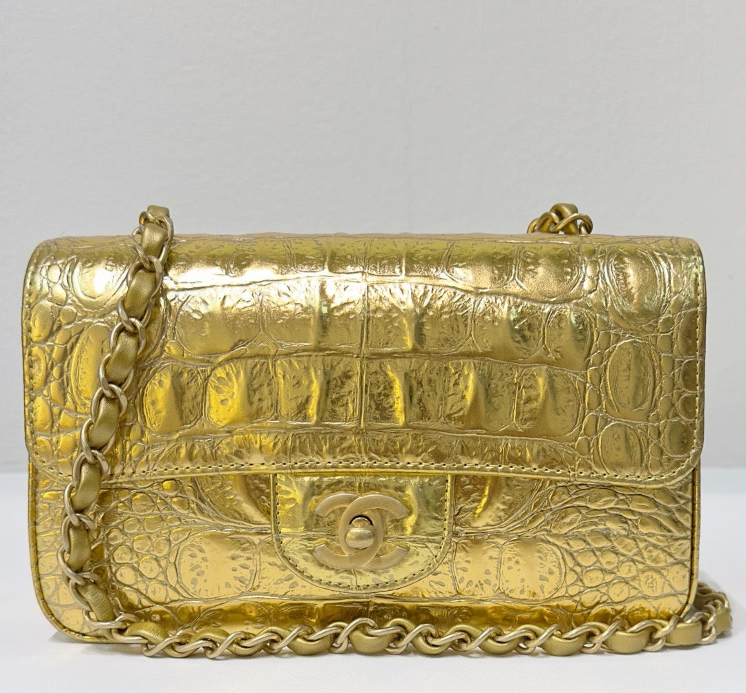 Chanel Mini Calfskin Crocodile Embossed Rectangular Gold Metallic Flap Bag