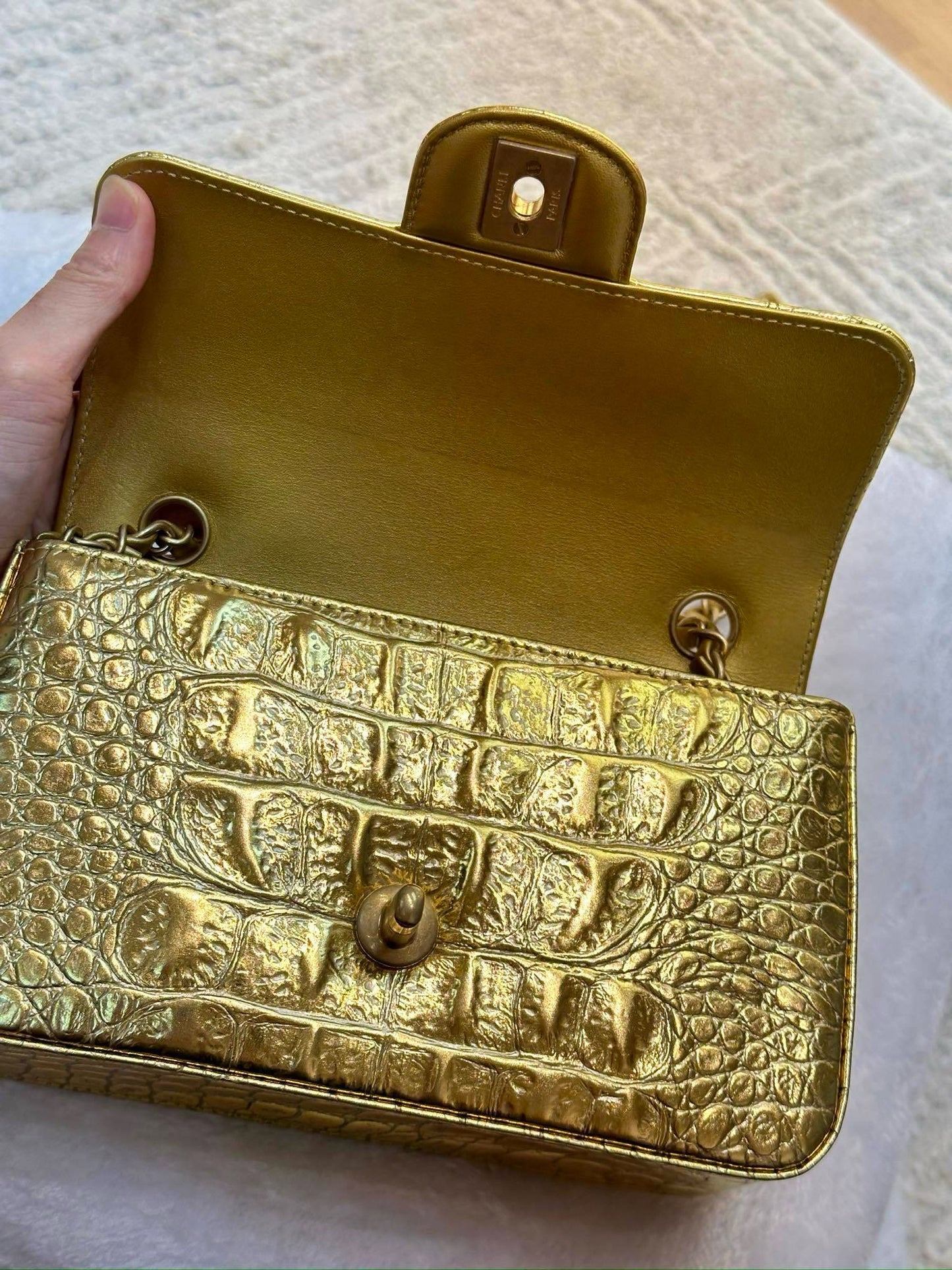Chanel Mini Calfskin Crocodile Embossed Rectangular Gold Metallic Flap Bag
