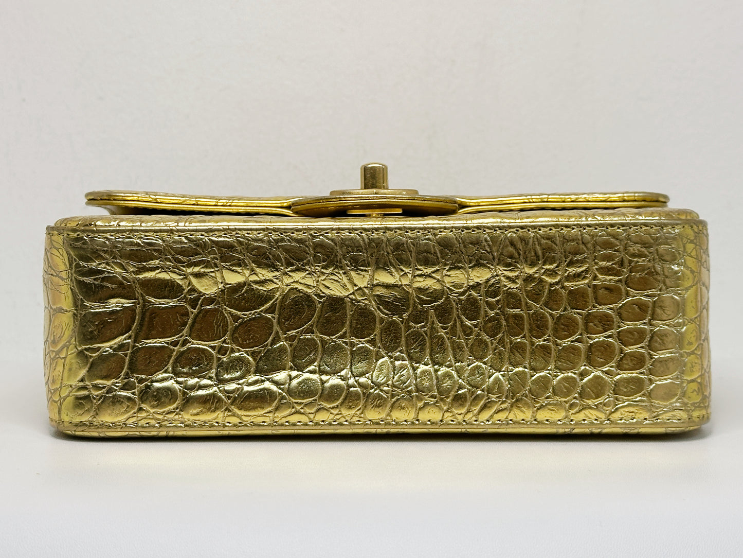 Chanel Mini Calfskin Crocodile Embossed Rectangular Gold Metallic Flap Bag 2813 holo card