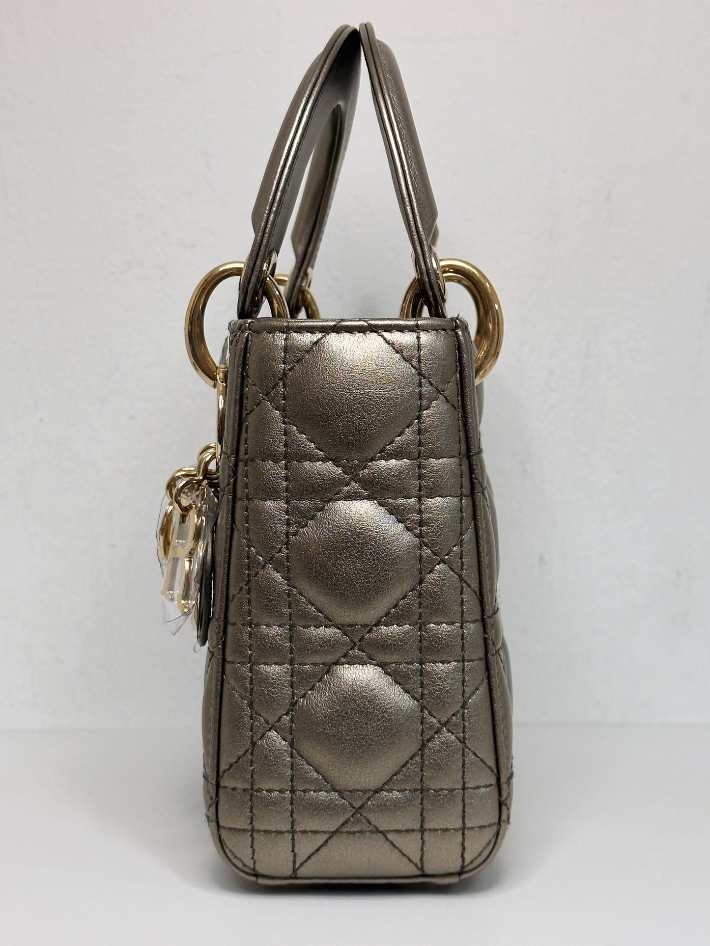 CHRISTIAN DIOR LADY MINI CALFSKIN CANNAGE BRONZE METALLIC GOLDEN HARDWARE CHAIN STRAP