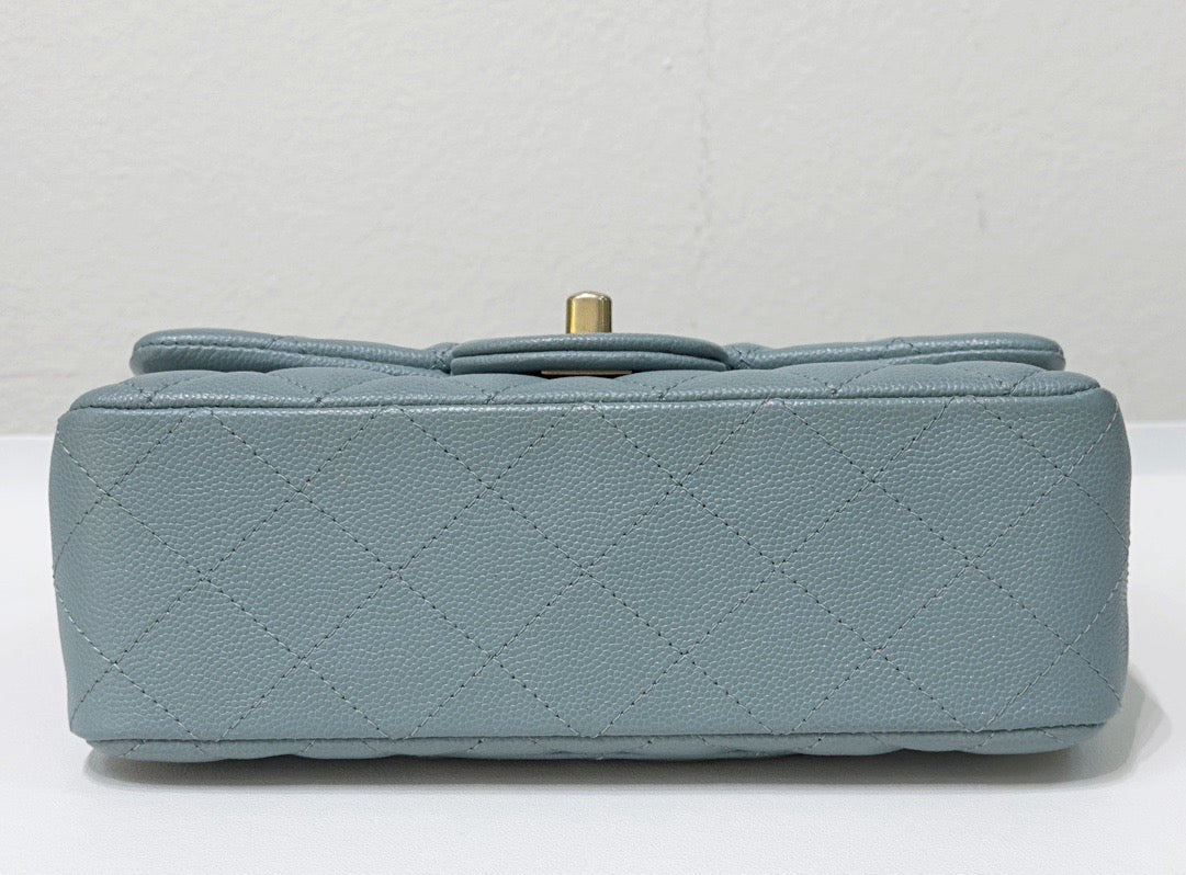 CHANEL Iridescent Caviar Quilted Mini Rectangular Flap Light Blue 18C