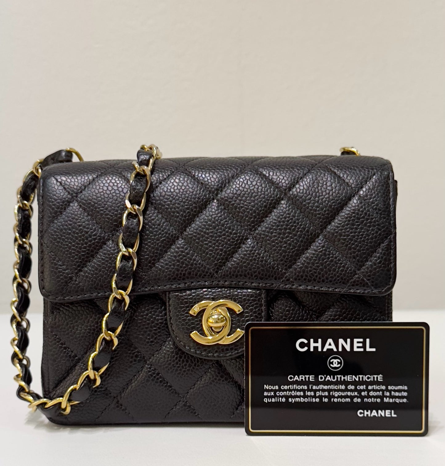 Chanel Mini Square Caviar Classic Flap Chain Shoulder Bag Black GHW(inside corner lightly touched)