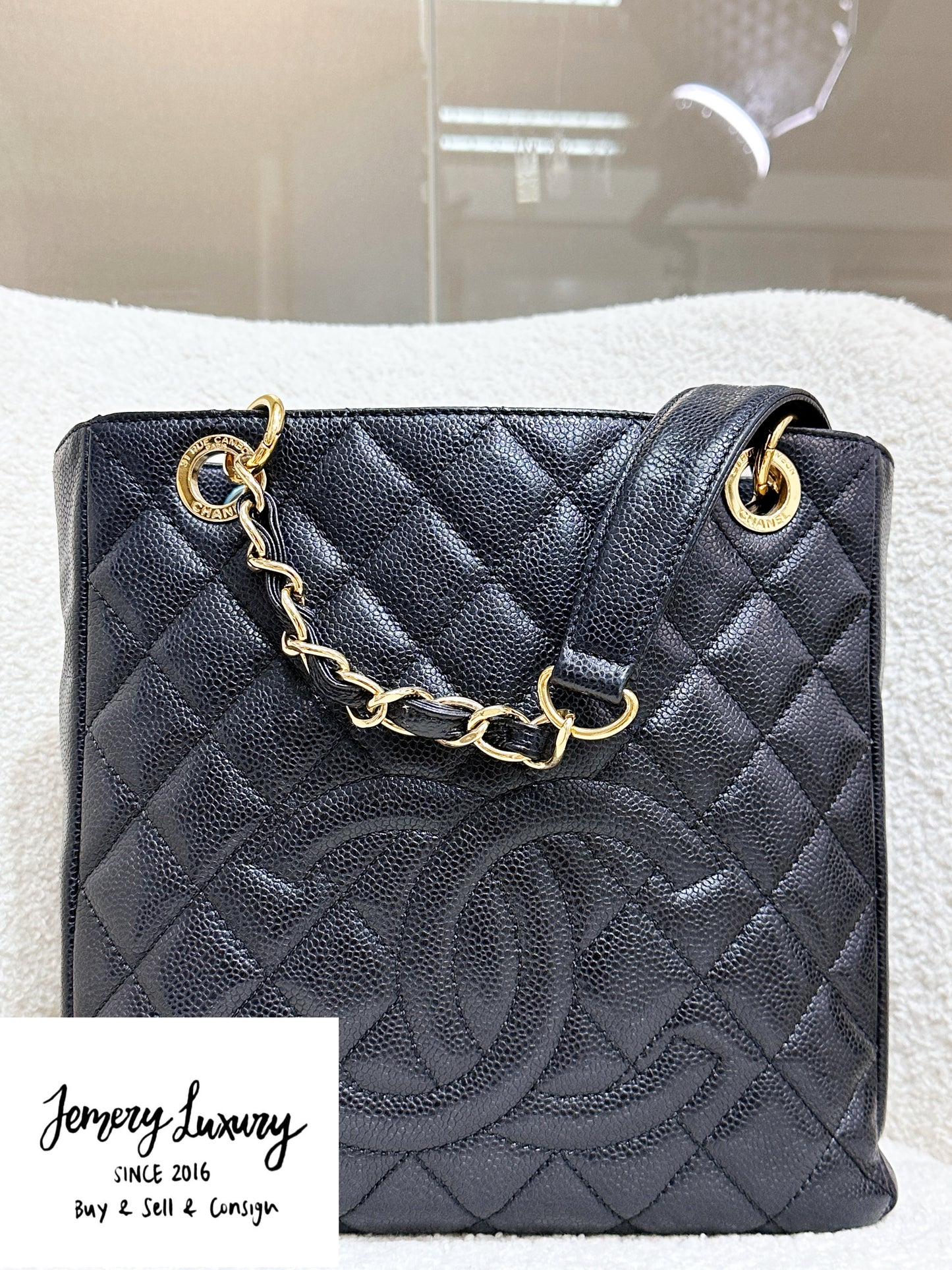 Chanel Caviar Quilted Petit Shopping Tote PST Black GHW 1975 holo card