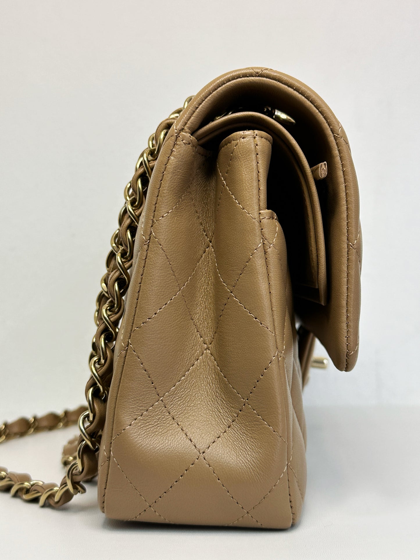Chanel 22B Lambskin Classic Quilted Double Flap Medium LGHW Dark beige HH9G microchip