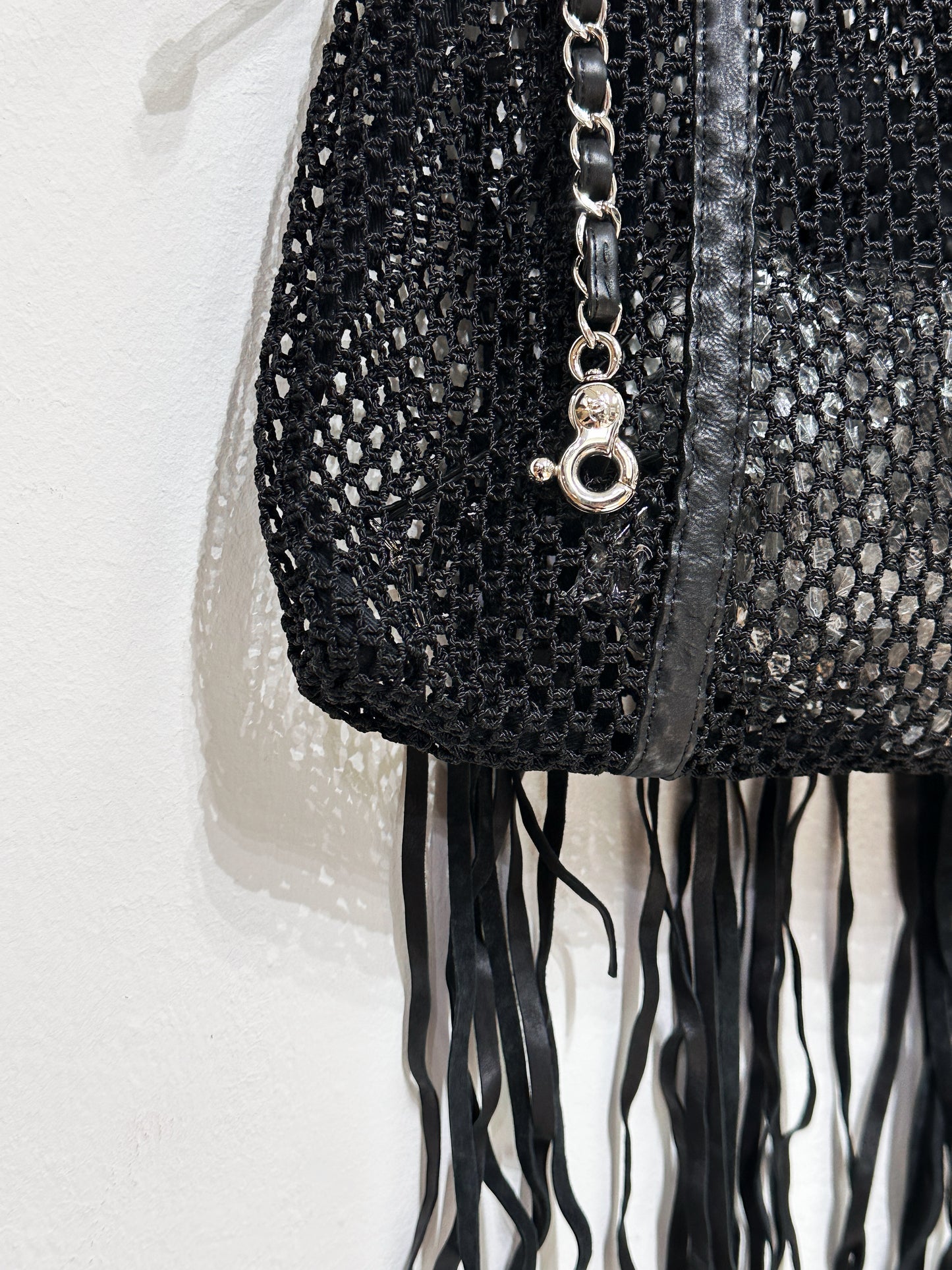 Chanel Limited Edition Resort Black Fringe Mesh Tote Bag 1426 holo