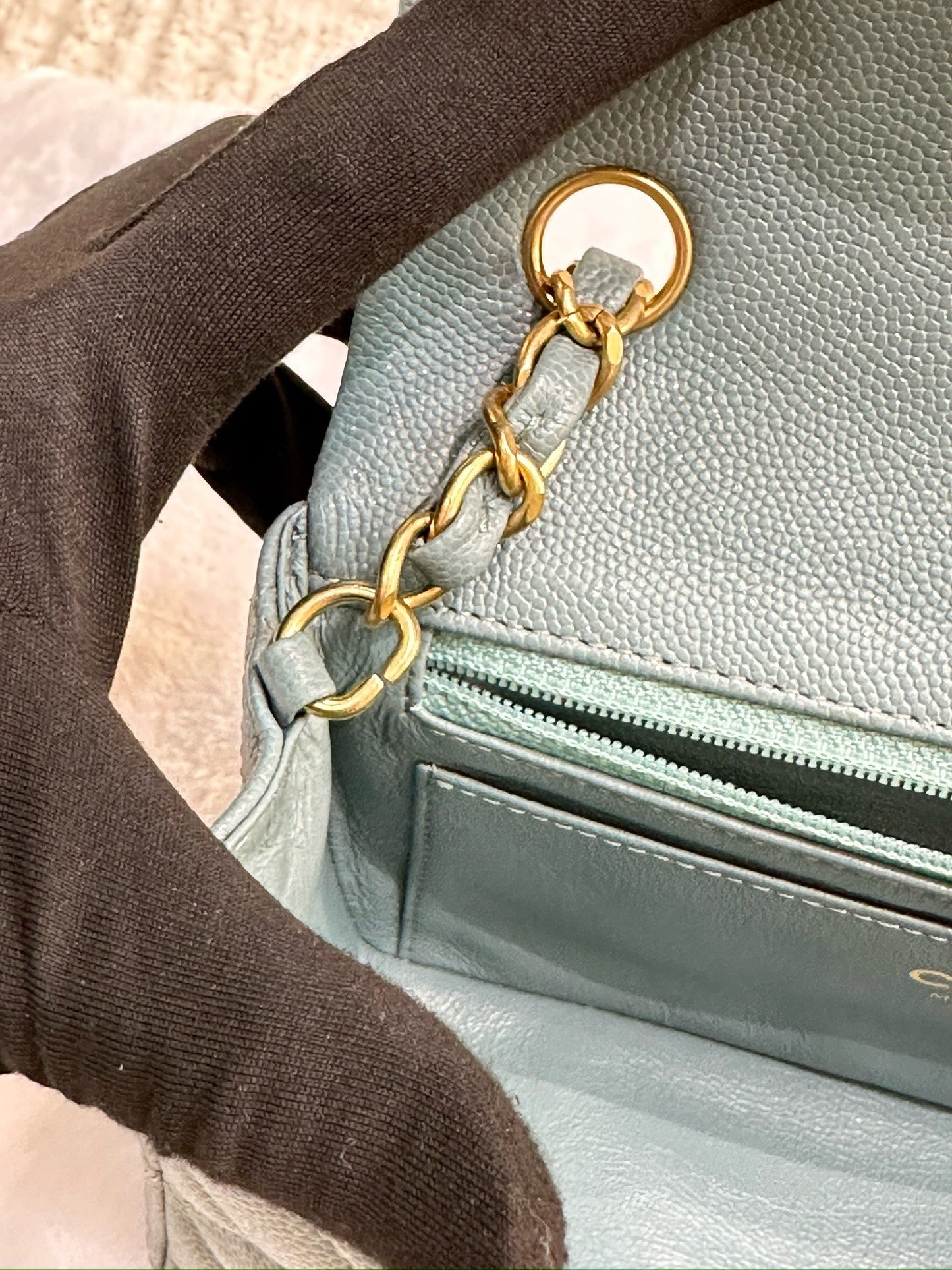 CHANEL Iridescent Caviar Quilted Mini Rectangular Flap Light Blue 18C