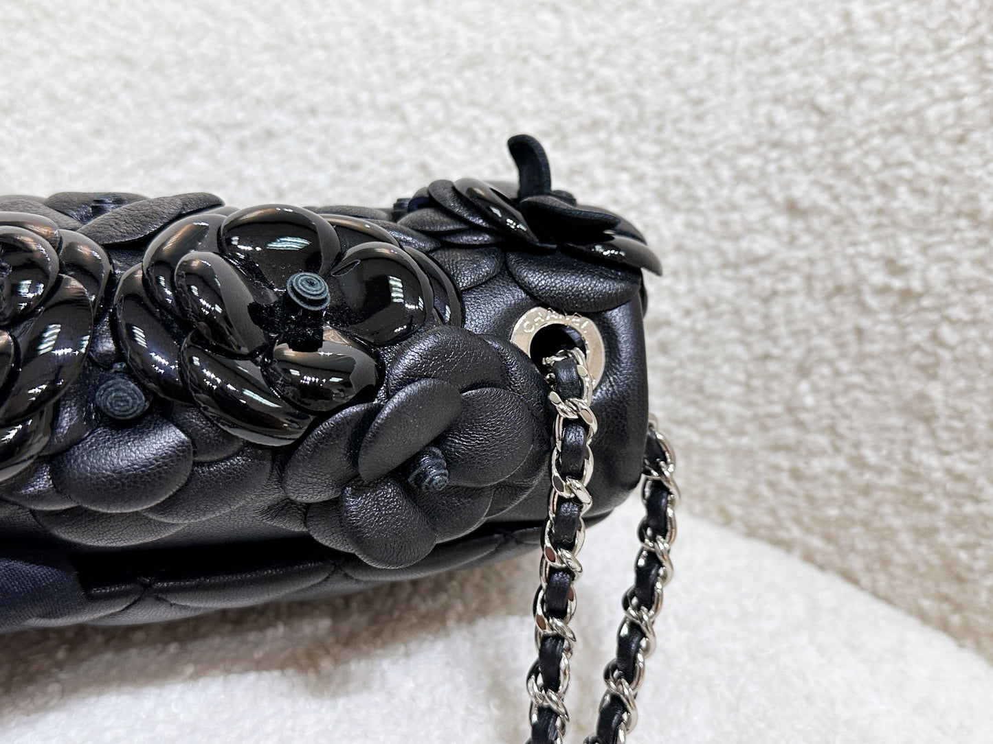 Chanel Camellia Lambskin Patent Around Flap Crossbody Bag Black 2246 holo card