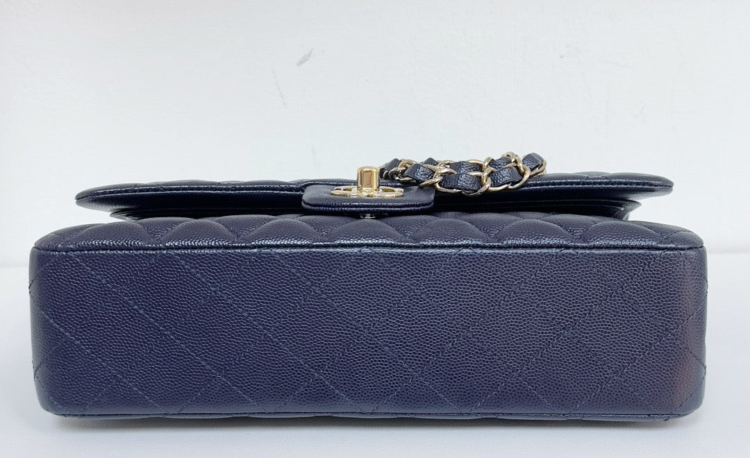 Chanel Medium Classic Caviar Double Flap Navy Blue Bag LSHW 2021year Microchip