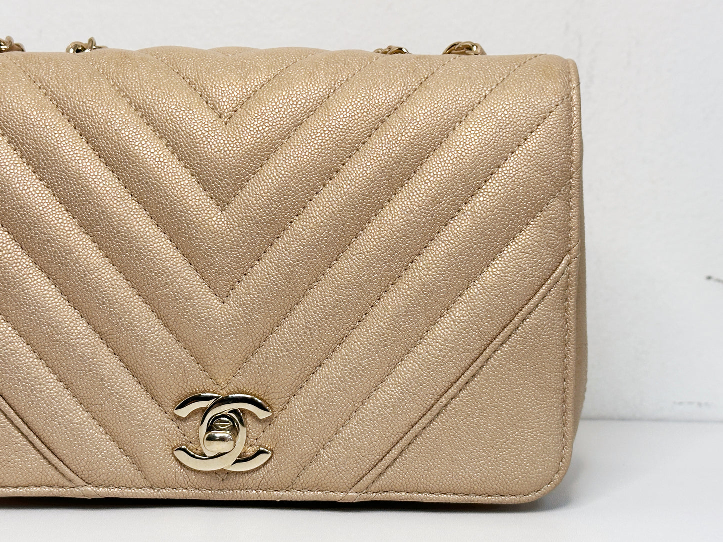 Chanel Mini Statement Metallic Caviar Chevron Quilted Flap Beige LGHW 2835 holo card