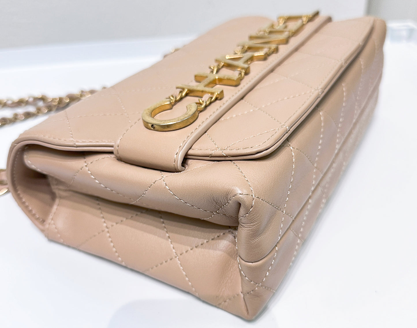 Chanel Engraved Flap Dark Beige Lambskin Gold Hardware