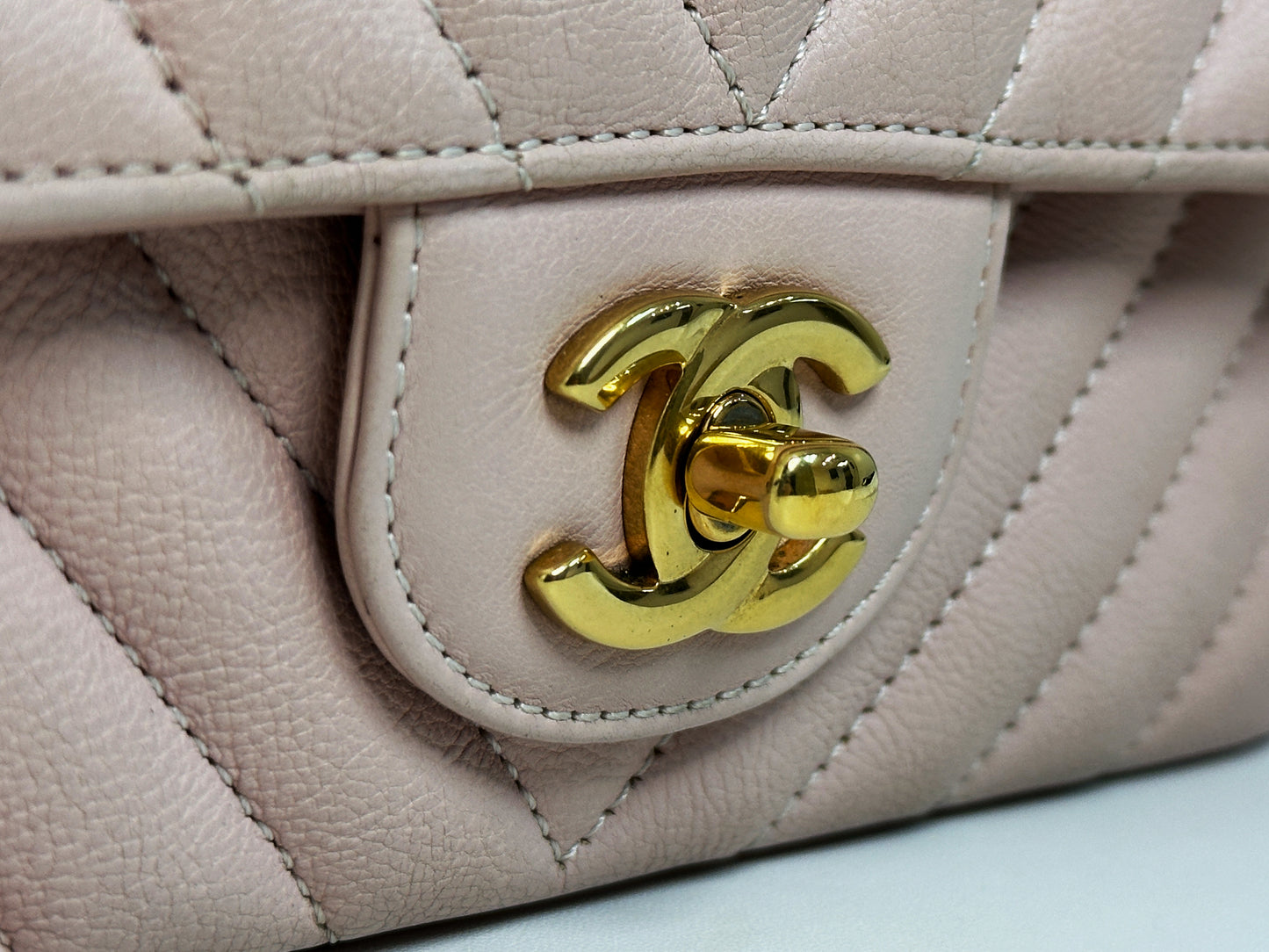 Chanel Classic Mini Rectangular 17C Light Pink Chevron Calfskin with brushed gold hardware 2383 holo card