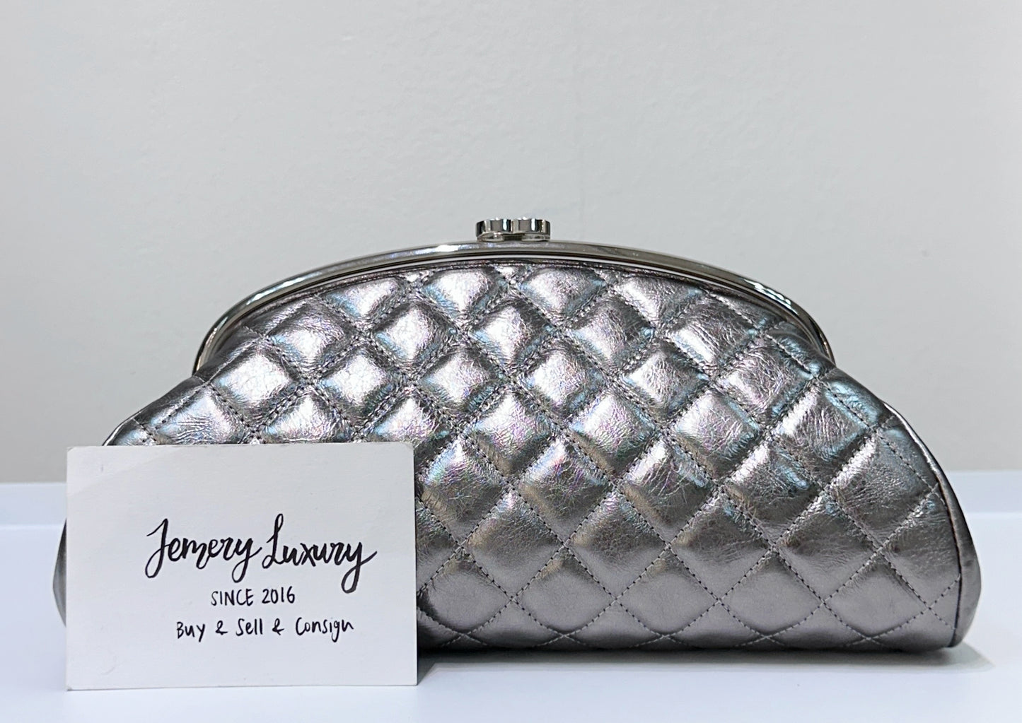 CHANEL Metallic Aged Calfskin Quilted Timeless Clutch Silver