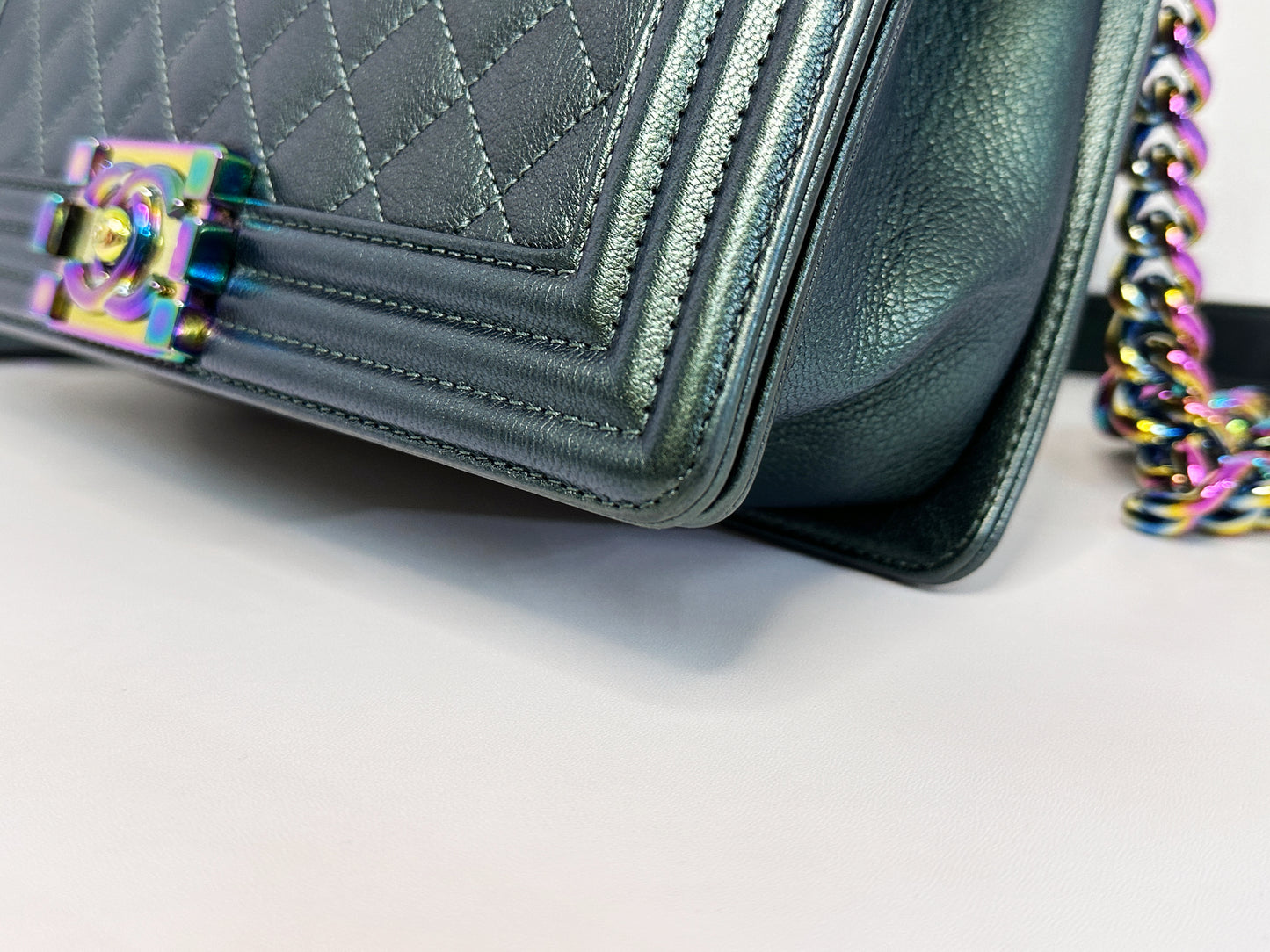 Chanel Iridescent Goatskin Quilted Medium LeBoy Flap Green 2176 holo