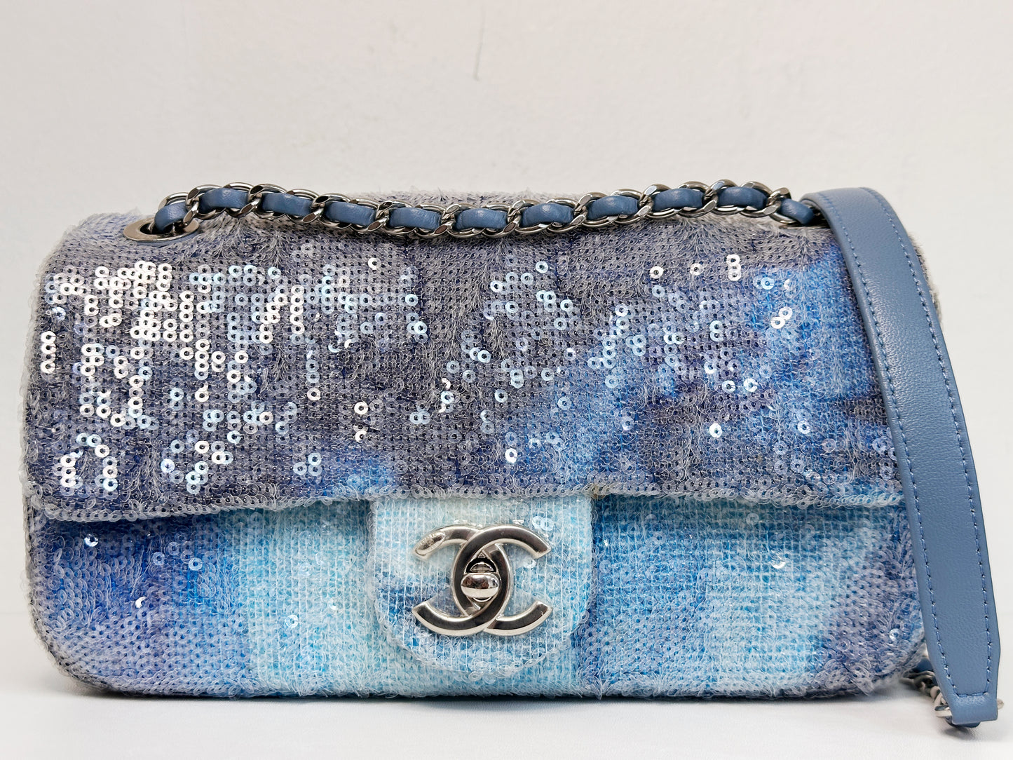 Chanel Sequin Mini Waterfall Light Blue Flap Bag 2590 holo card