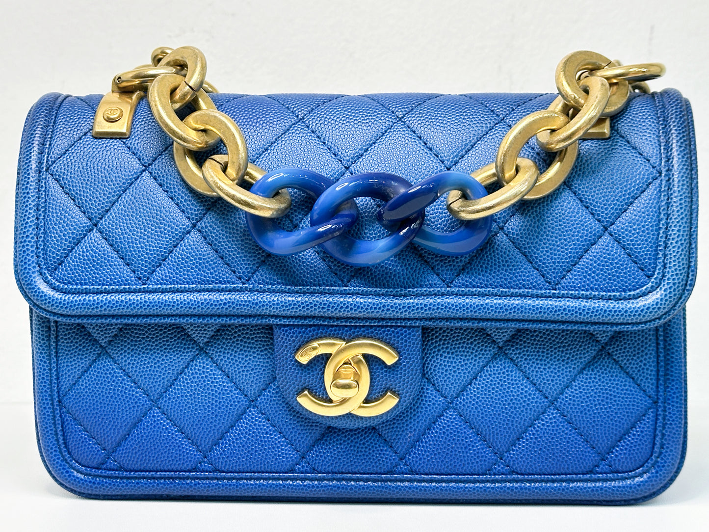 CHANEL Caviar Quilted Small Sunset On The Sea Flap Blue 2721 holo card