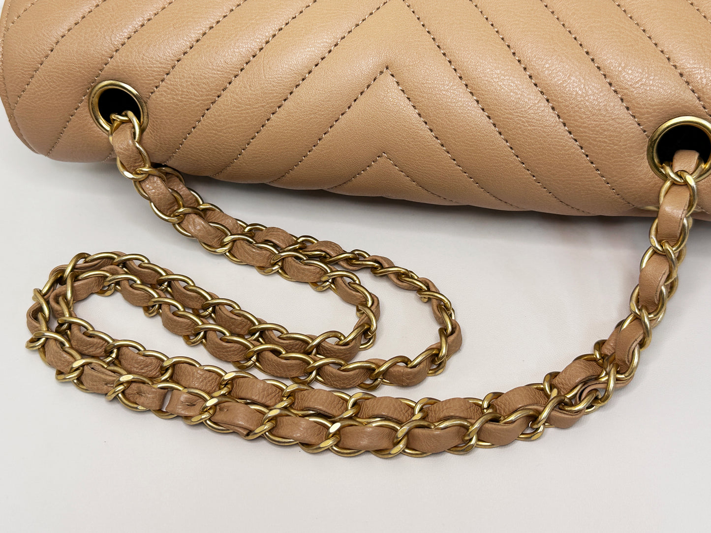 Chanel Calfskin Chevron Quilted Medium Double Flap Beige 2383 holo card