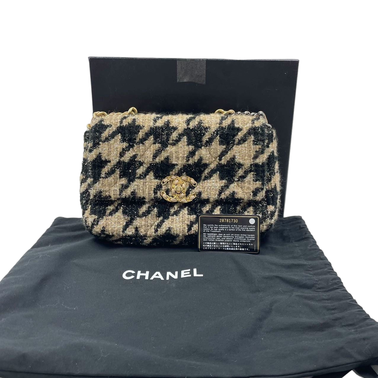 Chanel 19bag Houndstooth Tweed Flap Beige Black