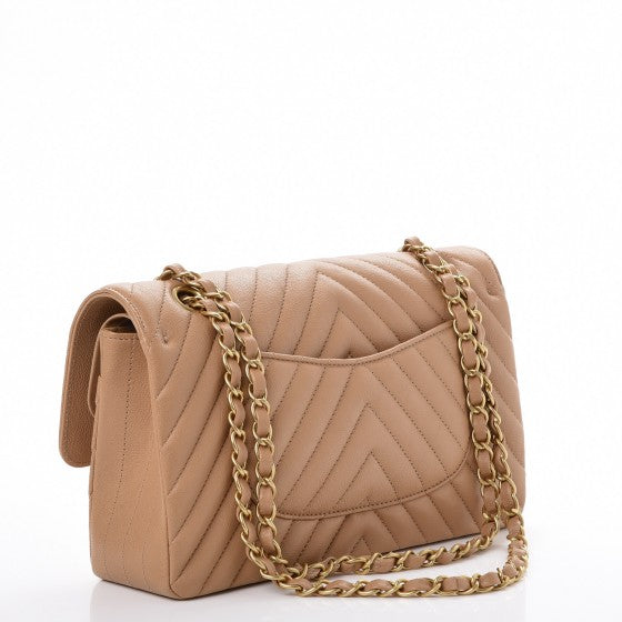Chanel Calfskin Chevron Quilted Medium Double Flap Beige 17C