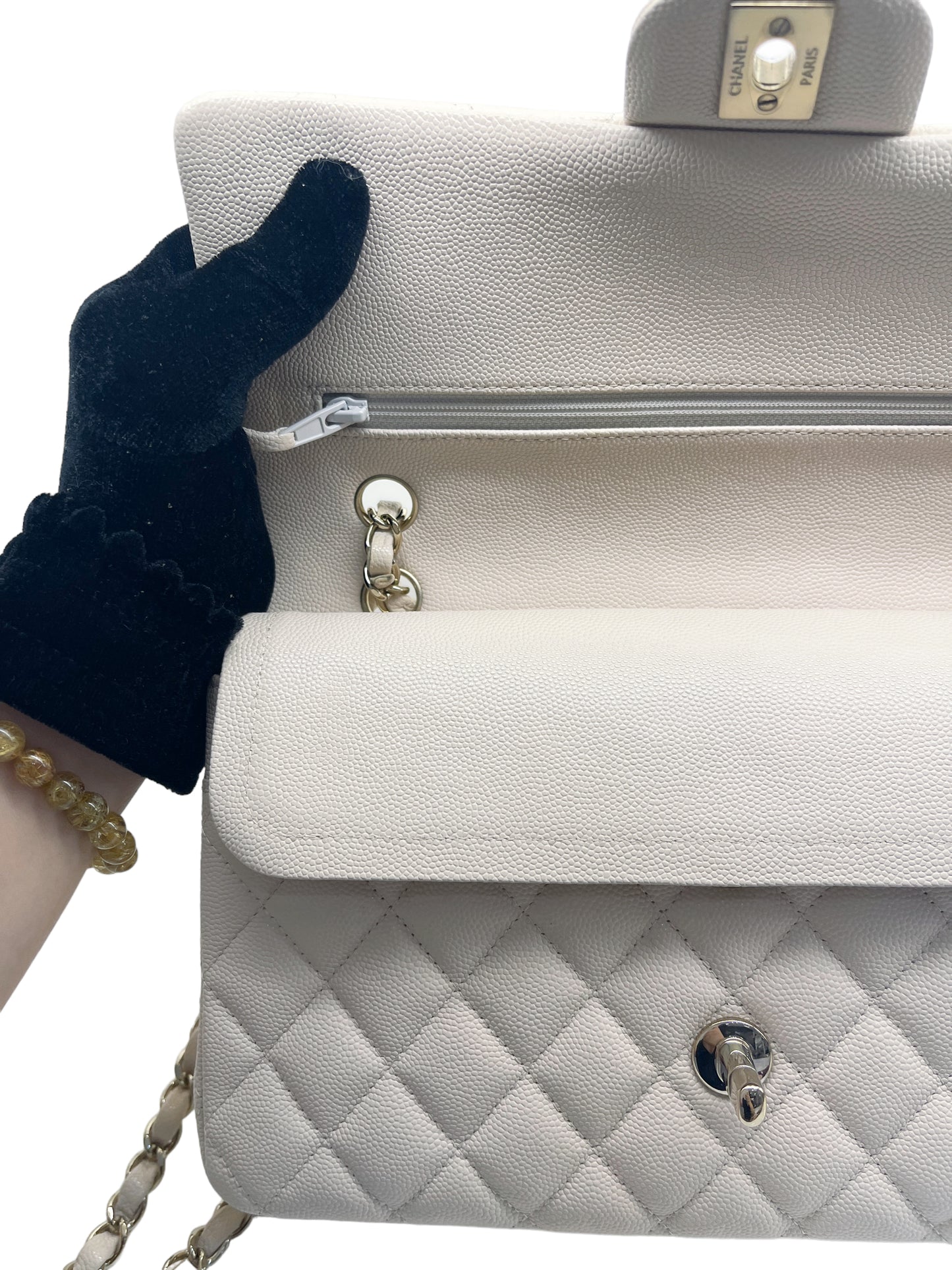 Chanel Medium Classic Quilted Flap Light Ivory Beige Caviar Gold Hardware 20C