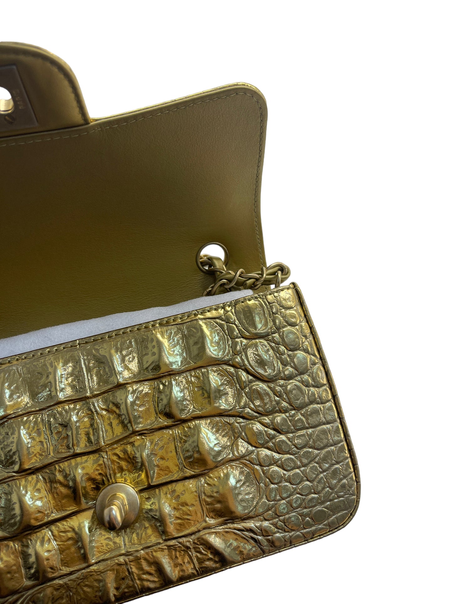 Chanel Flap Bag Metallic Crocodile Emobssed Calfskin Gold-tone Mini Gold