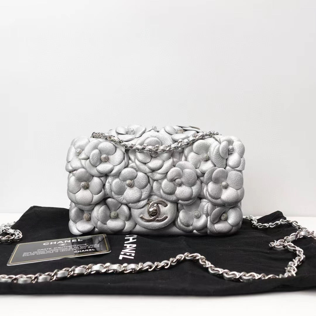 Chanel Silver Quilted Leather Camellia Mini Rectangular Flap Bag Grey