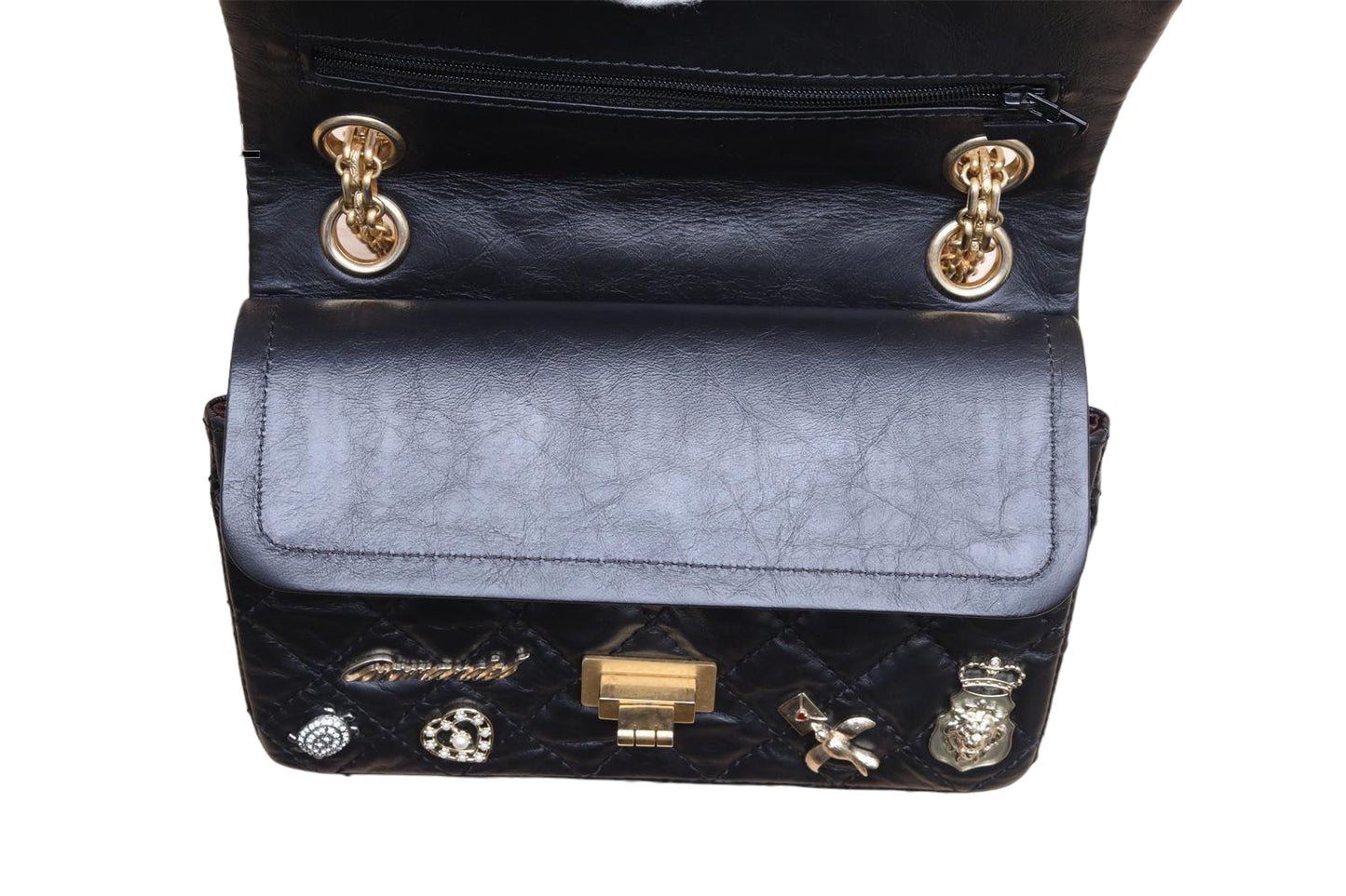 Black Quilted Aged Calfskin Paris-Cosmopolite Lucky Charms 225 Reissue Double Flap Antique Gold Hardware, 2017
