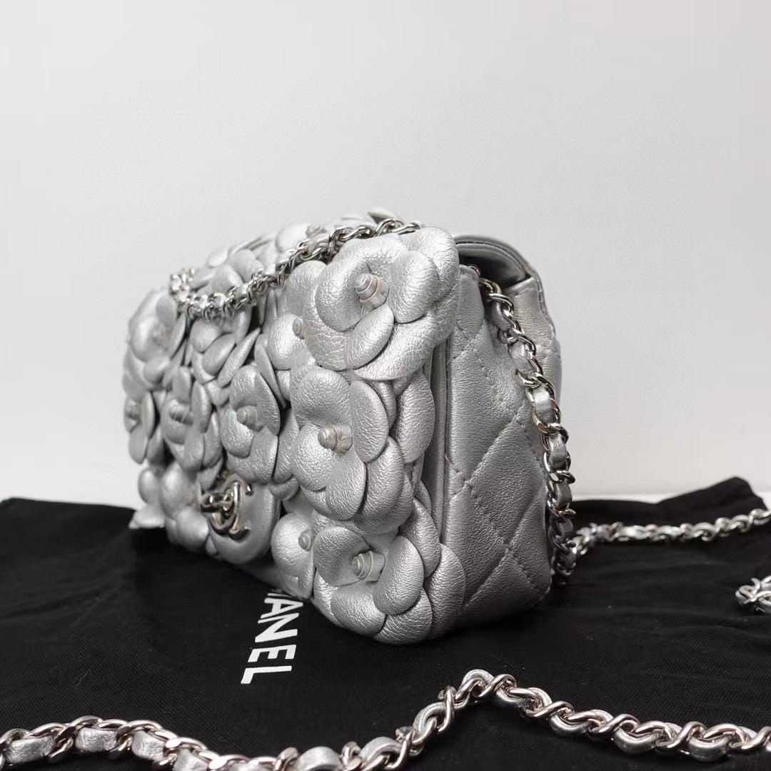 Chanel Silver Quilted Leather Camellia Mini Rectangular Flap Bag Grey