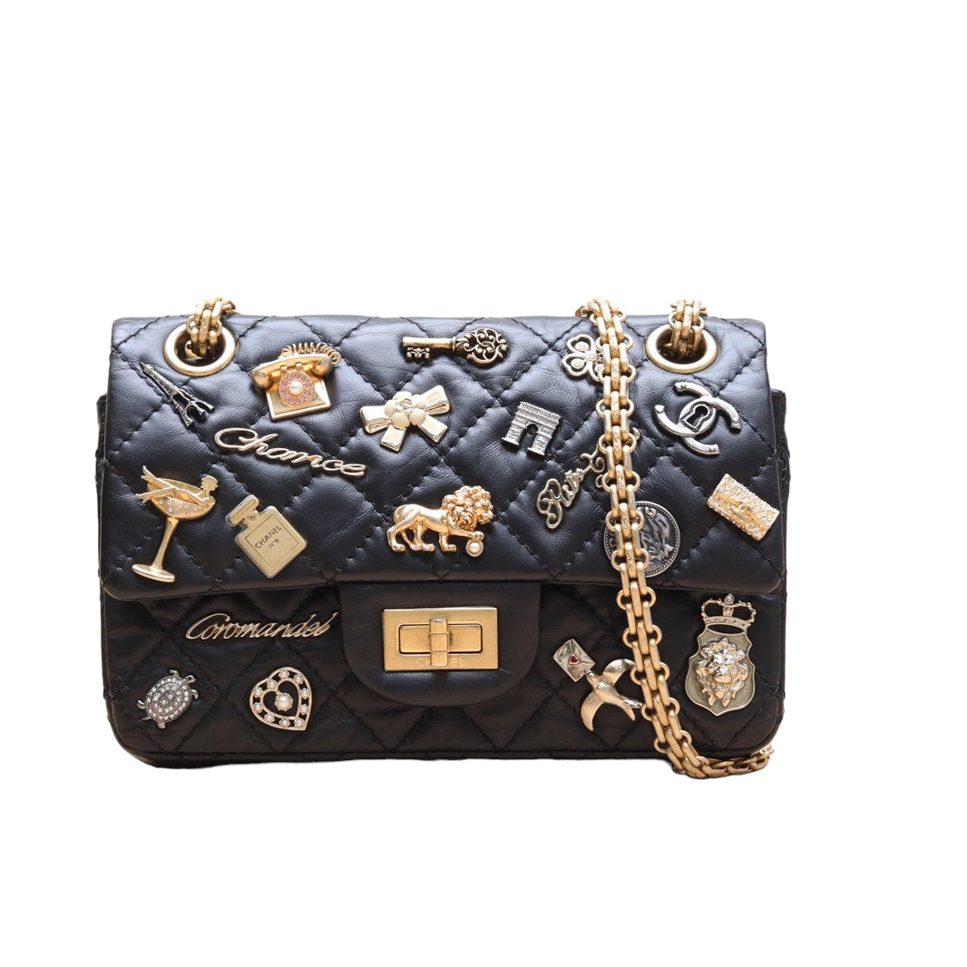 Black Quilted Aged Calfskin Paris-Cosmopolite Lucky Charms 225 Reissue Double Flap Antique Gold Hardware, 2017