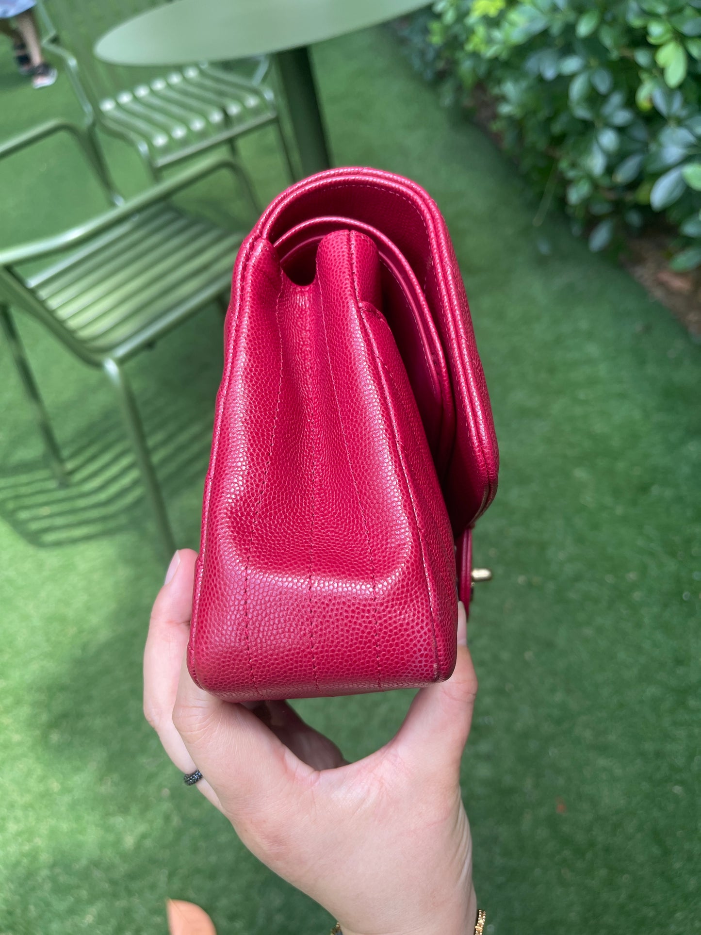 Chanel Medium Chevron Rosy Red Caviar Gold Hardware 18B