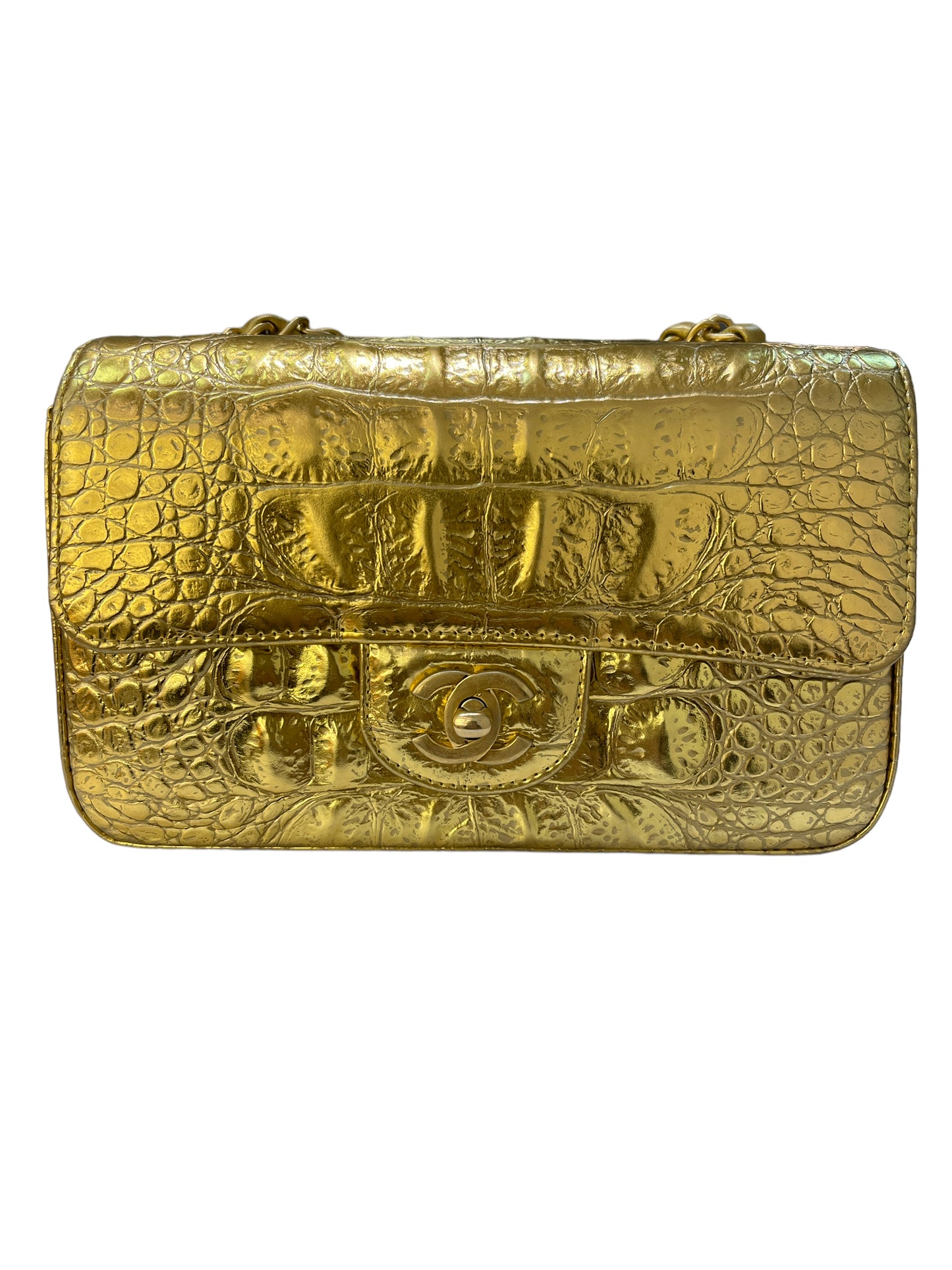 Chanel Flap Bag Metallic Crocodile Emobssed Calfskin Gold-tone Mini Gold