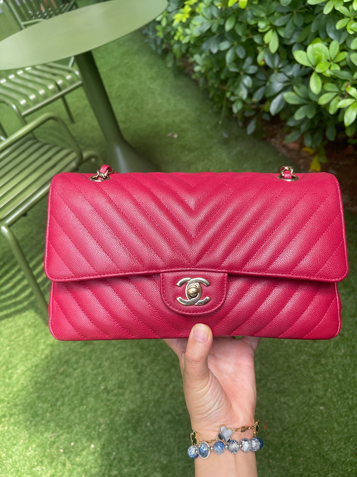 Chanel Medium Chevron Rosy Red Caviar Gold Hardware 18B