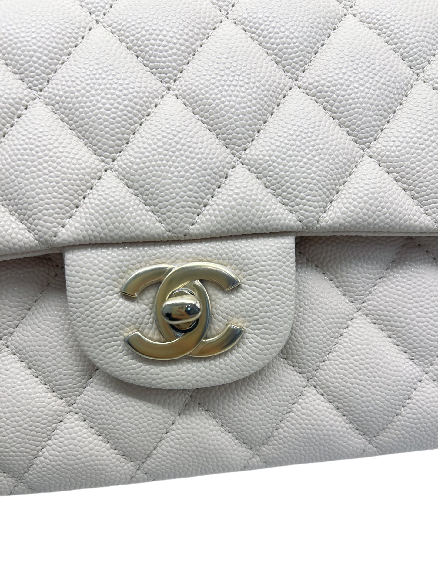 Chanel Medium Classic Quilted Flap Light Ivory Beige Caviar Gold Hardware 20C