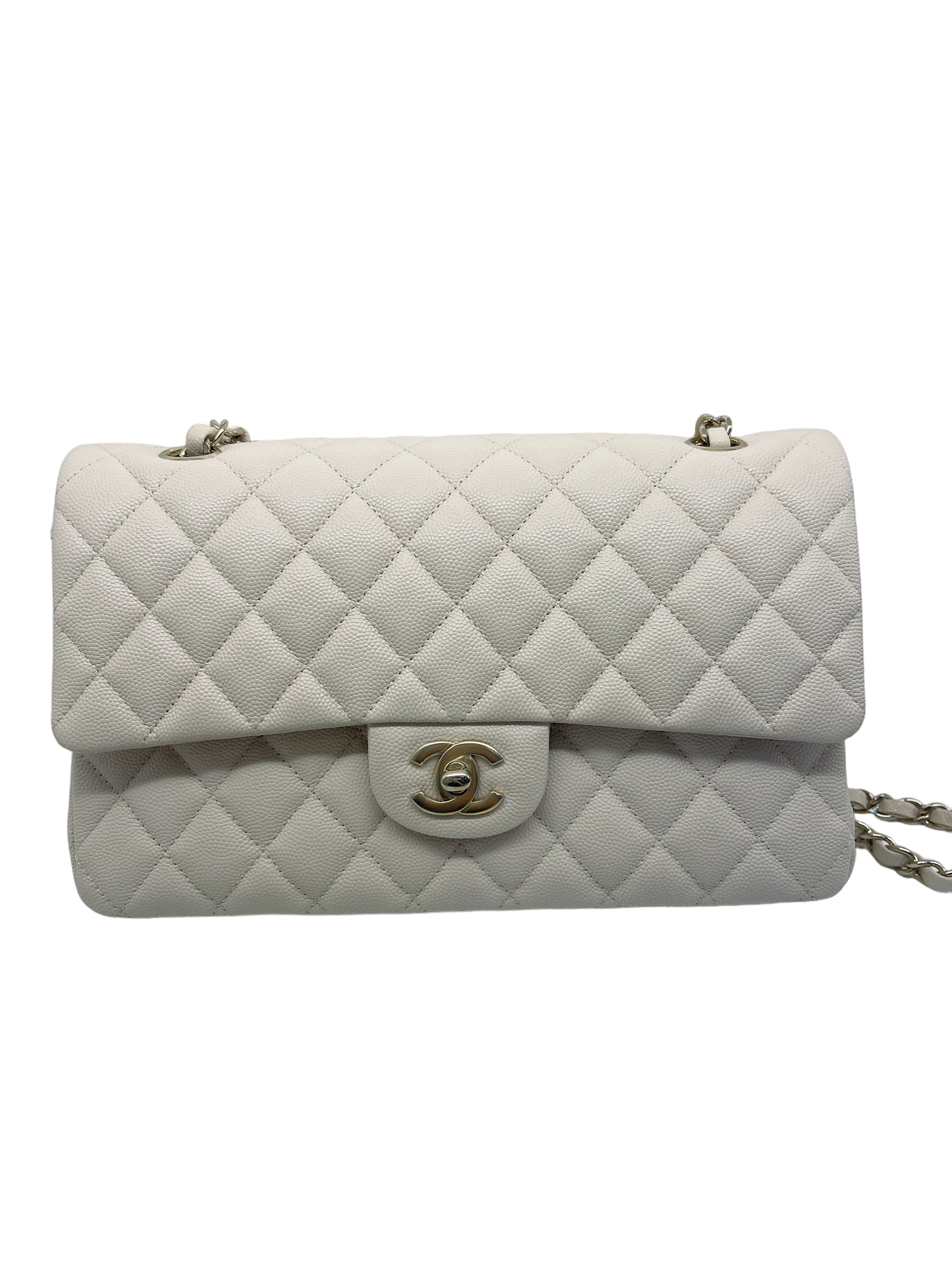Chanel Medium Classic Quilted Flap Light Ivory Beige Caviar Gold Hardware 20C