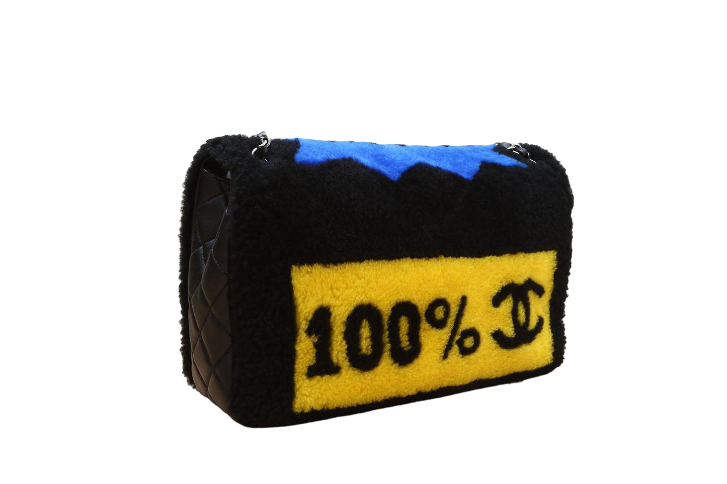 CHANEL 2014 SUPERMARKET COMIC BLACK MULTICOLOR SHEARLING FLAP BAG
