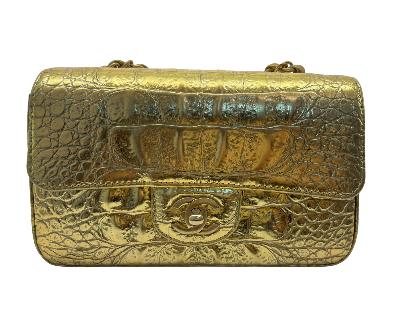 Chanel Flap Bag Metallic Crocodile Emobssed Calfskin Gold-tone Mini Gold