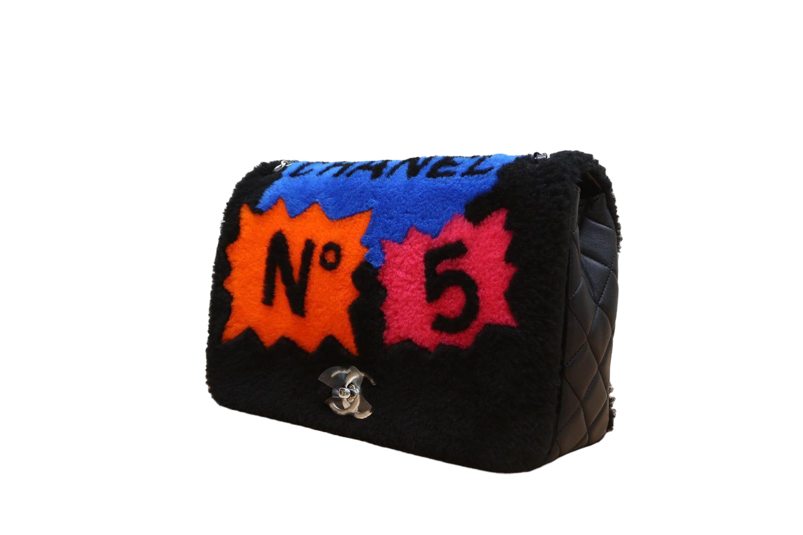 CHANEL 2014 SUPERMARKET COMIC BLACK MULTICOLOR SHEARLING FLAP BAG Jemeryluxury