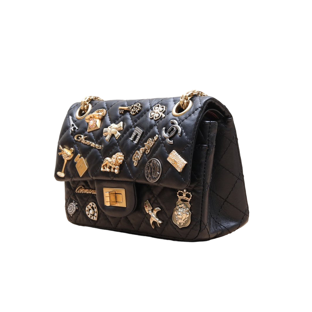 Black Quilted Aged Calfskin Paris-Cosmopolite Lucky Charms 225 Reissue Double Flap Antique Gold Hardware, 2017