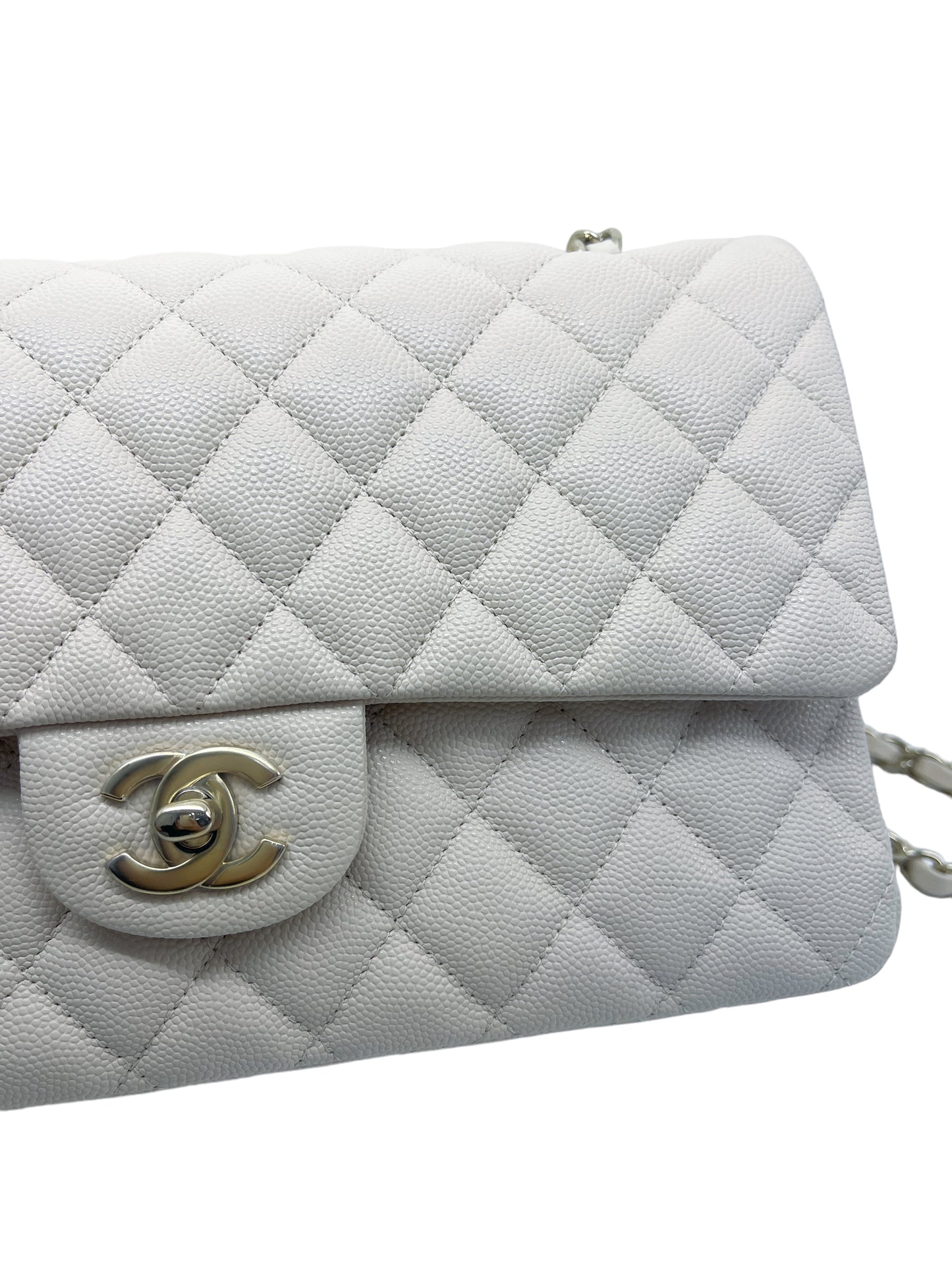 Chanel Medium Classic Quilted Flap Light Ivory Beige Caviar Gold Hardware 20C