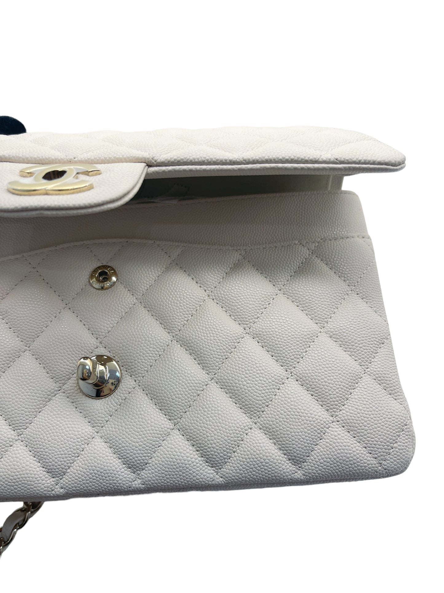 Chanel Medium Classic Quilted Flap Light Ivory Beige Caviar Gold Hardware 20C