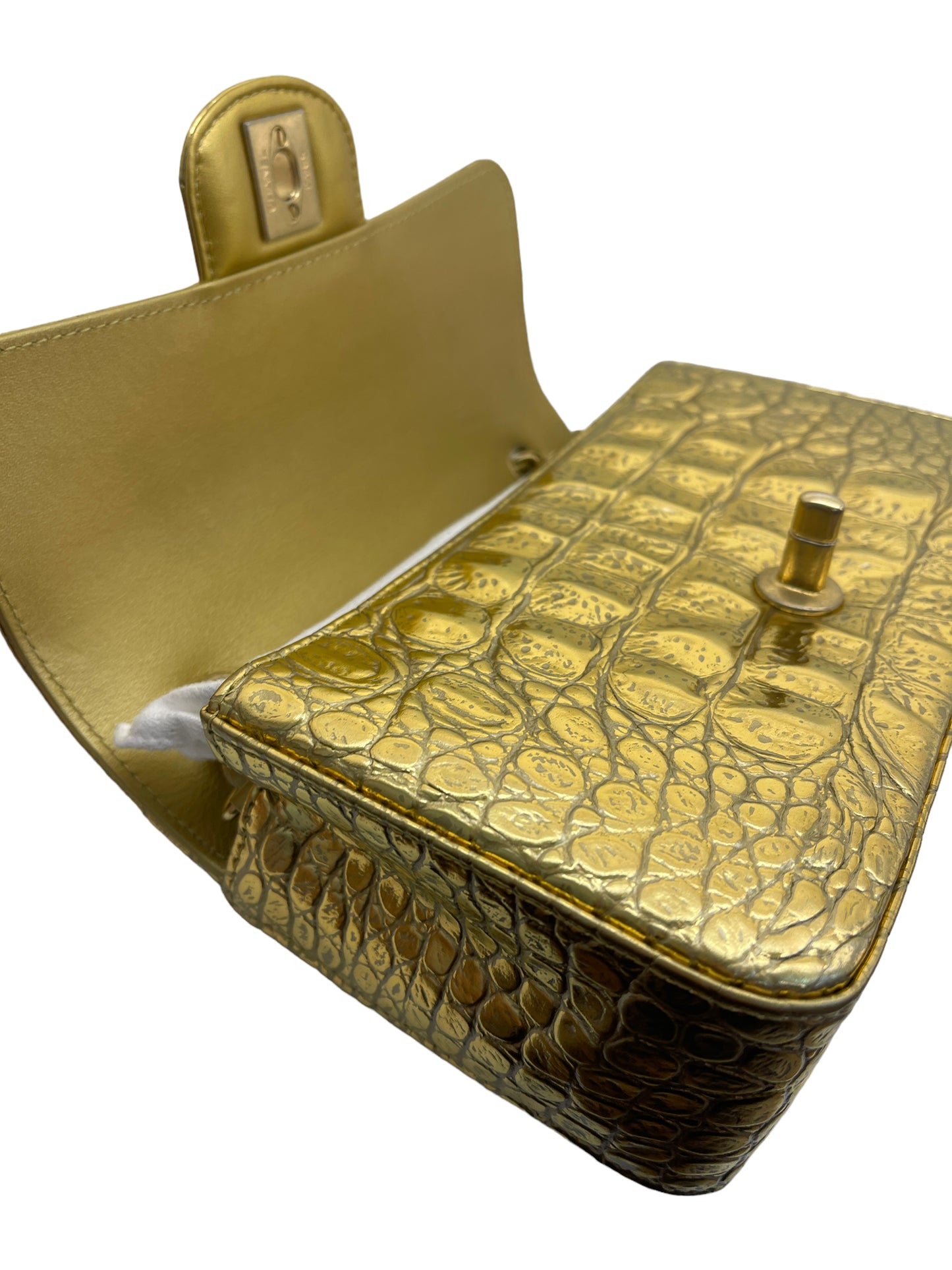 Chanel Flap Bag Metallic Crocodile Emobssed Calfskin Gold-tone Mini Gold