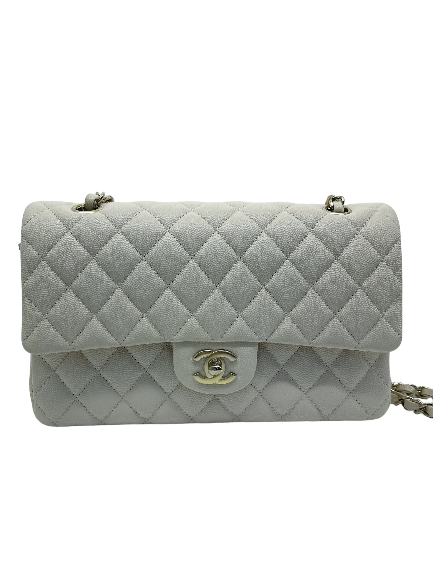 Chanel Medium Classic Quilted Flap Light Ivory Beige Caviar Gold Hardware 20C