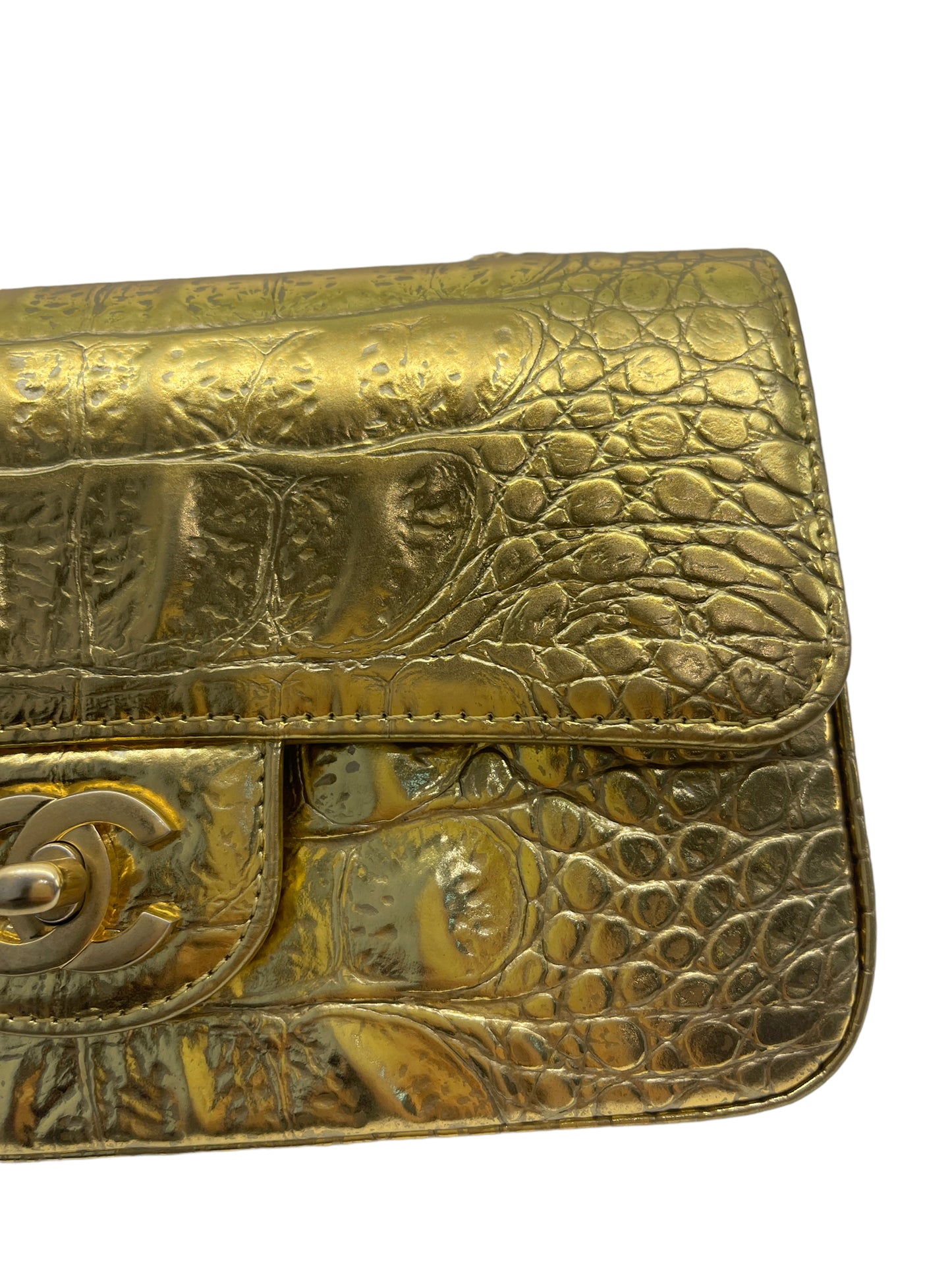 Chanel Flap Bag Metallic Crocodile Emobssed Calfskin Gold-tone Mini Gold