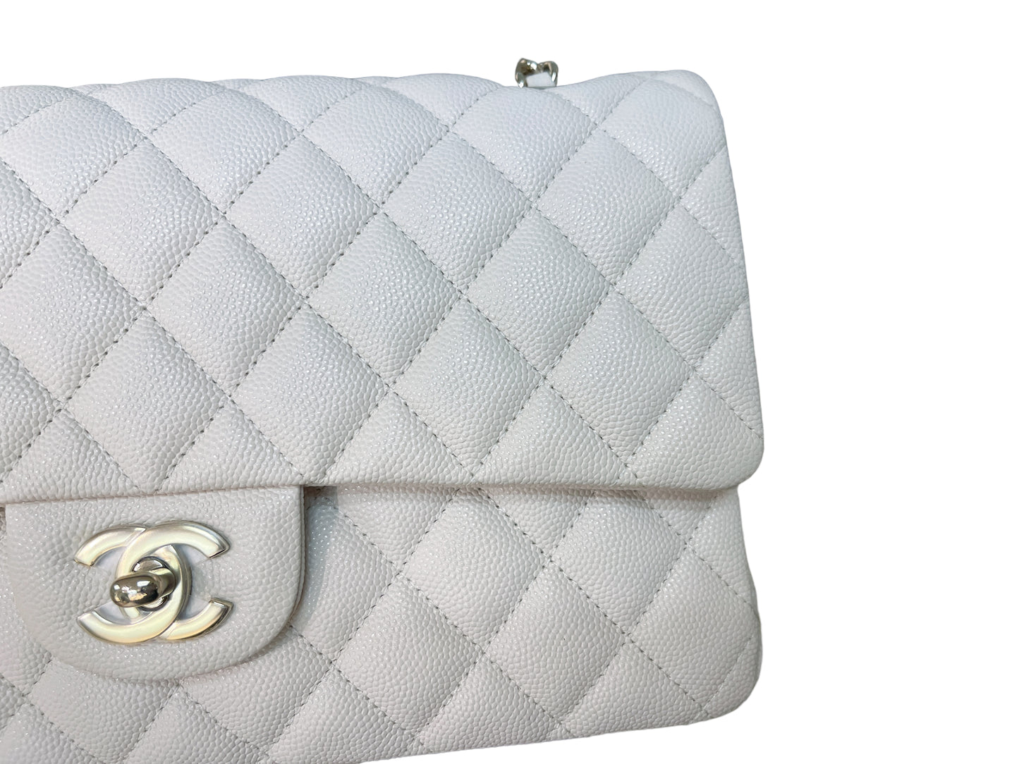 Chanel Medium Classic Quilted Flap Light Ivory Beige Caviar Gold Hardware 20C