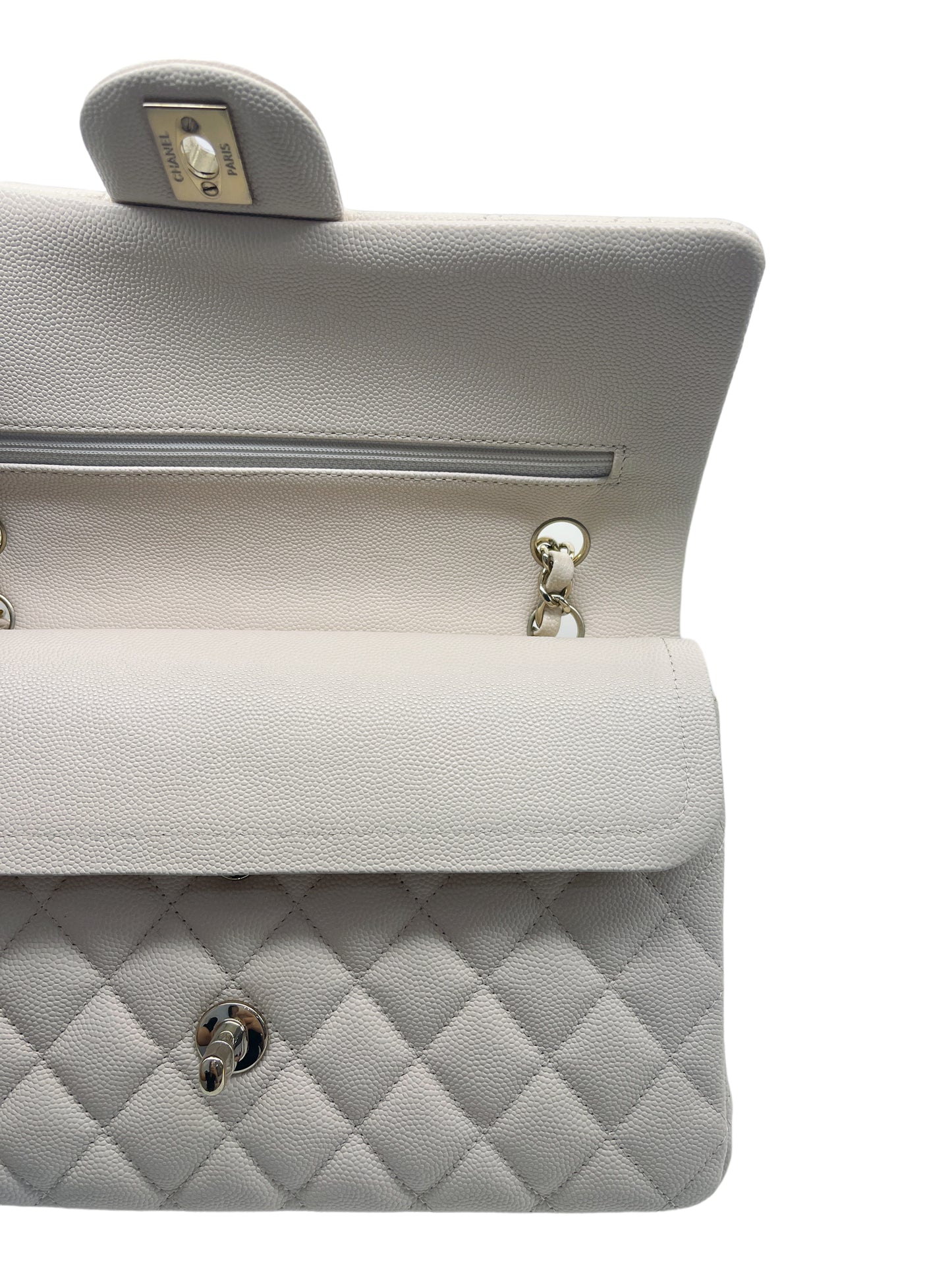 Chanel Medium Classic Quilted Flap Light Ivory Beige Caviar Gold Hardware 20C