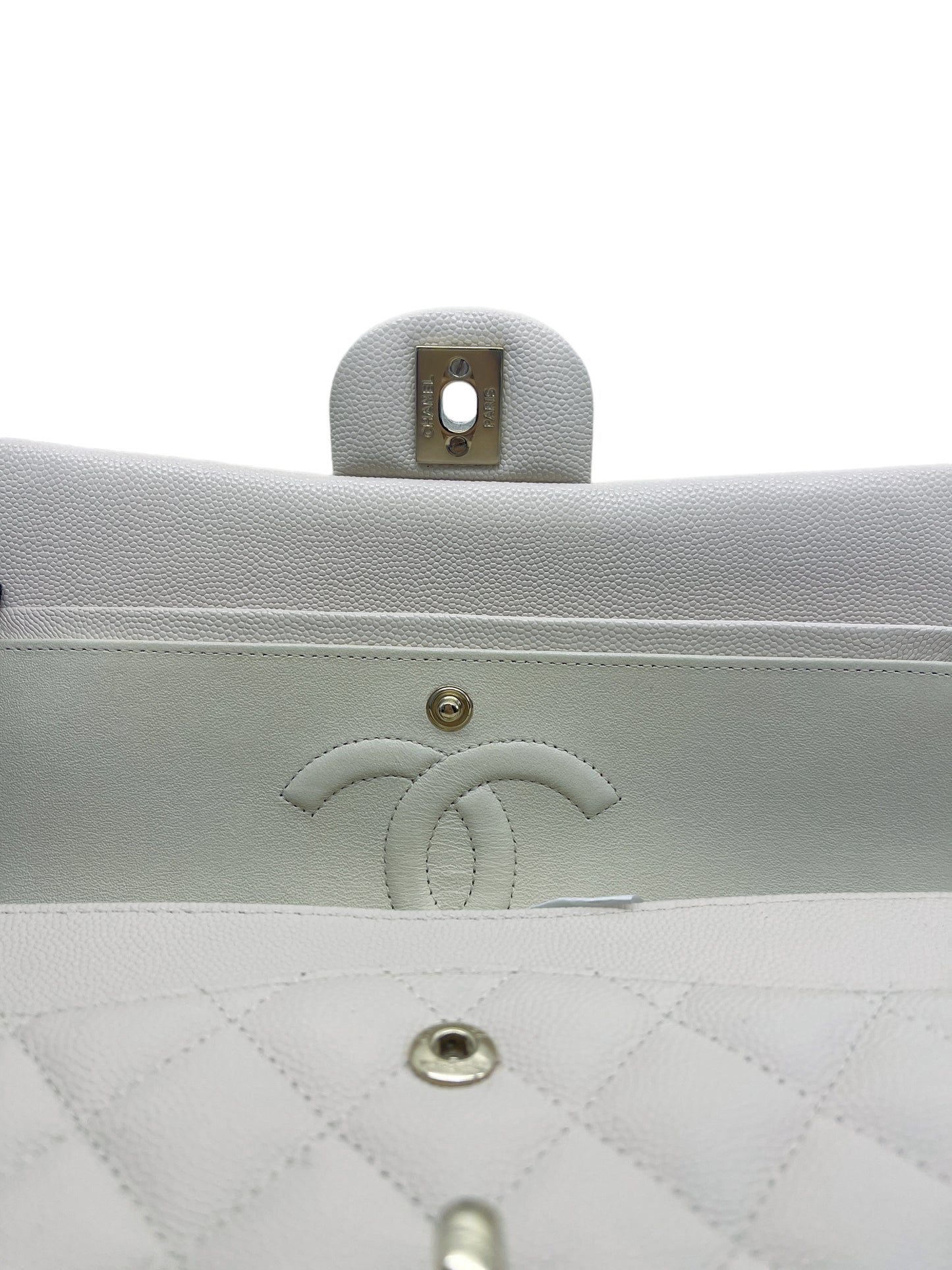 Chanel Medium Classic Quilted Flap Light Ivory Beige Caviar Gold Hardware 20C